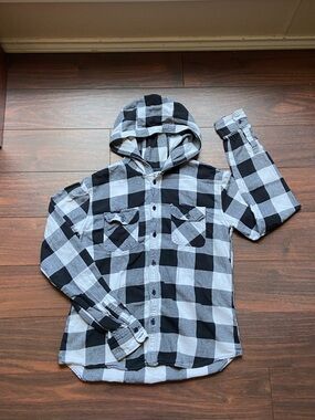 THREAD AND SUPPLY Black and White Flannel Long Sleeve Hooded Button Shirt Cotton